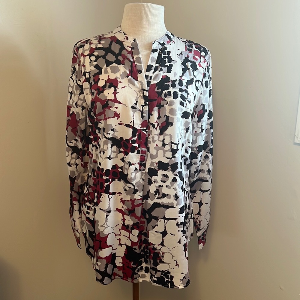 Diane Gilman Abstract Geometric Print Mandarin Collar Long Sleeve Blouse Size M